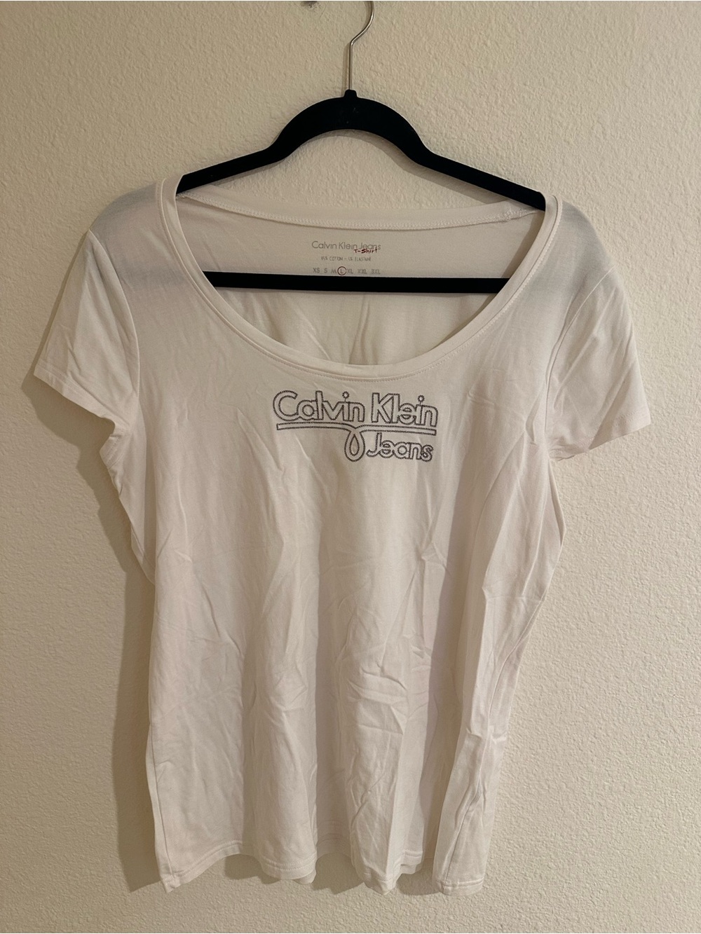 Calvin Klein Jeans White Scoop Neck Logo Tee with Contrast Outline